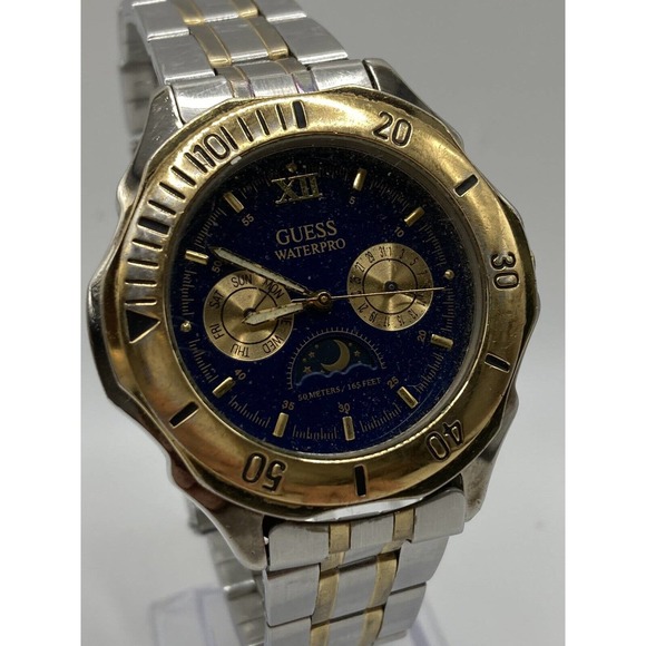 Vintage Guess Waterpro 97’ Moonphase Date Day Dial St.Steel Men’s Watch New Batt - Picture 3 of 12